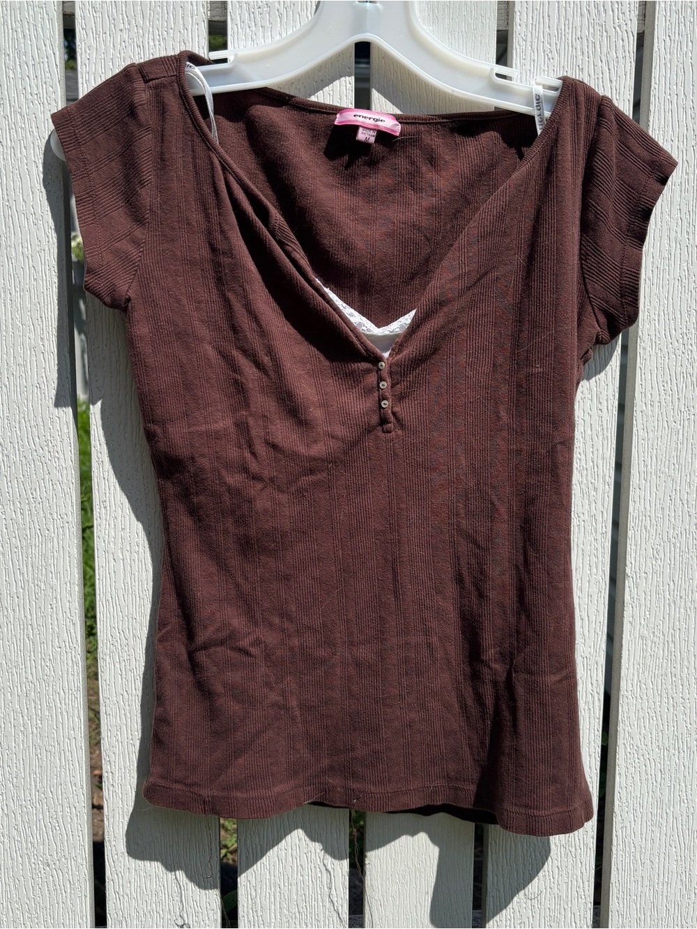 Energie brown henley lace trim button up top - size medium - Picture 2 of 4